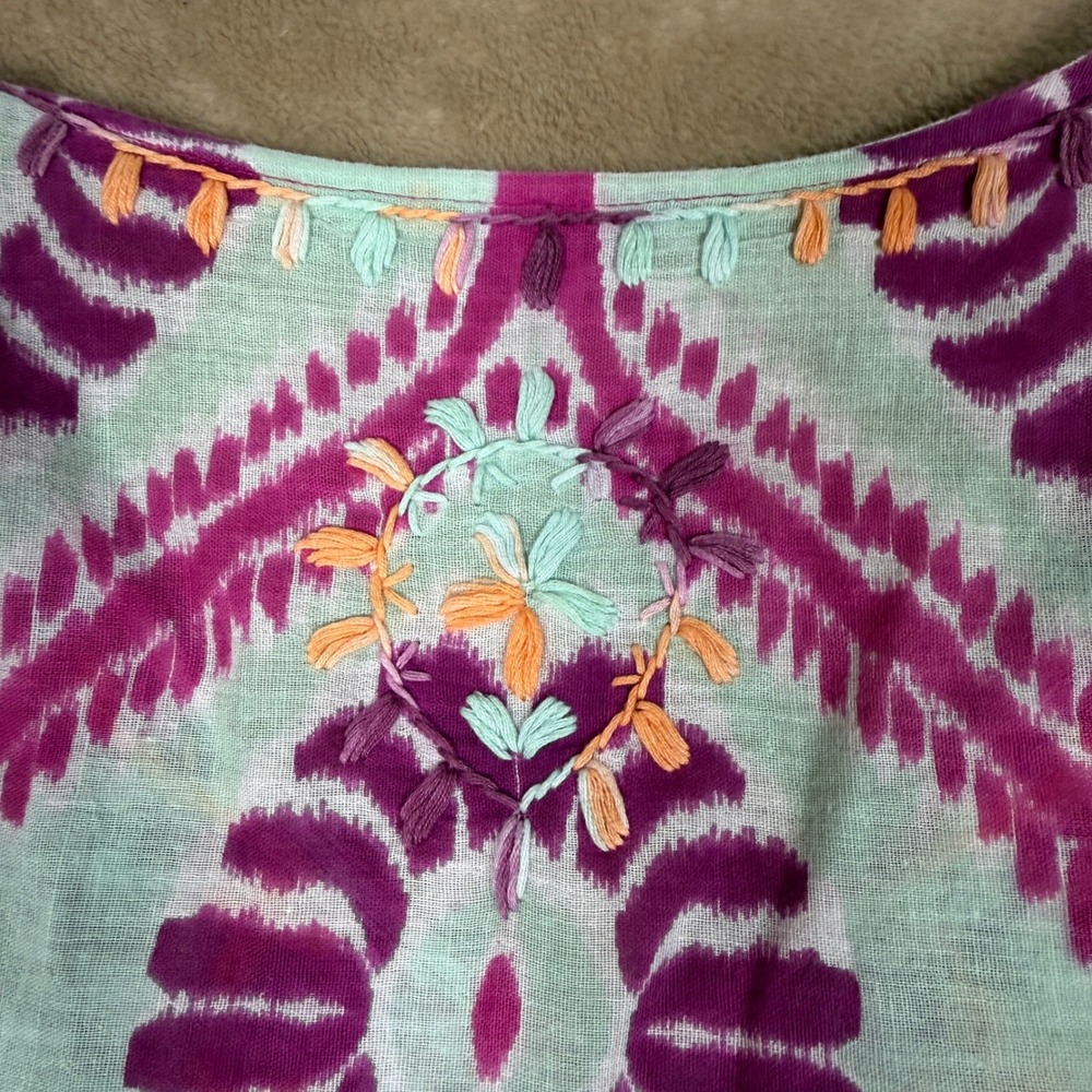 Calypso St Barth Tunic Top Purple Mint Ikat Embroidered Tassel Trim Small - Picture 5 of 7